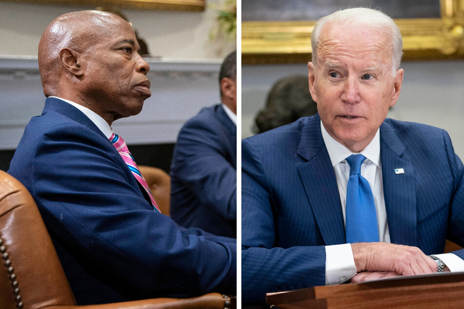 Brooklyn Borough President Eric Adams (l.) listened as President Joe Biden discussed the Administration's strategy to reduce gun violence on Monday.