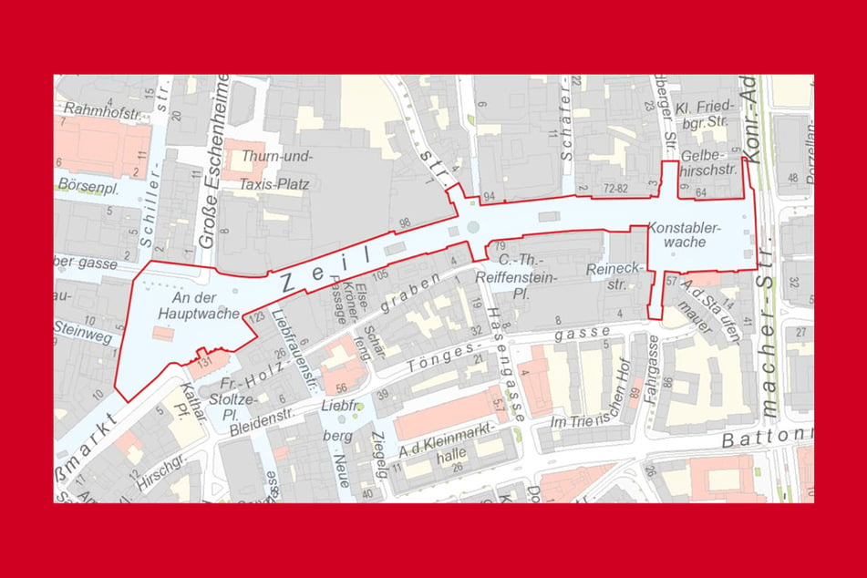 Die Grafik zeigt den Umfang der Verbotszone für Böller und Feuerwerk auf der Zeil inklusive Hauptwache und Konstablerwache.