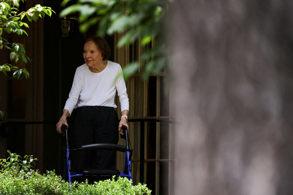 Former first lady Rosalynn Carter is seen outside her home after a visit by President Joe Biden and first lady Jill Biden in Plains, Georgia, on April 29, 2021.