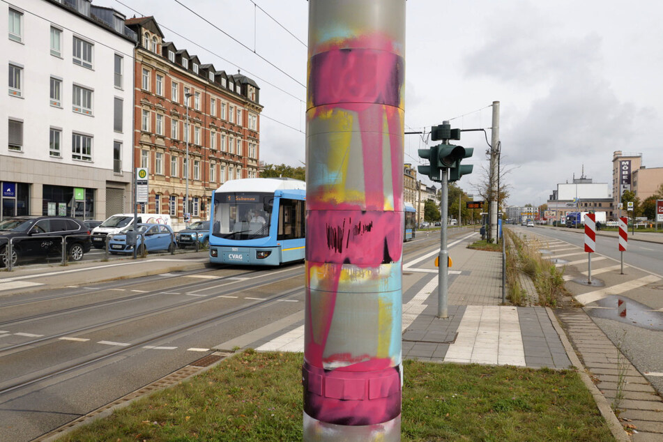 Der Blitzer an der Zwickauer Straße/Goethestraße wurde mit pinker Farbe besprüht.