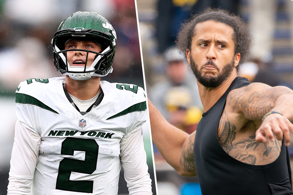 Colin Kaepernick (r.) penned a letter to the New York Jets seeking the quarterback position as Zach Wilson continues to struggle.