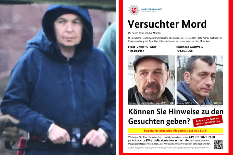 Nachdem Daniela Klette (65) in Berlin festgenommen wurde, suchen die Ermittler weiter nach ihren beiden Komplizen Ernst-Volker Staub (69) und Burkhard Garweg (55, r.).