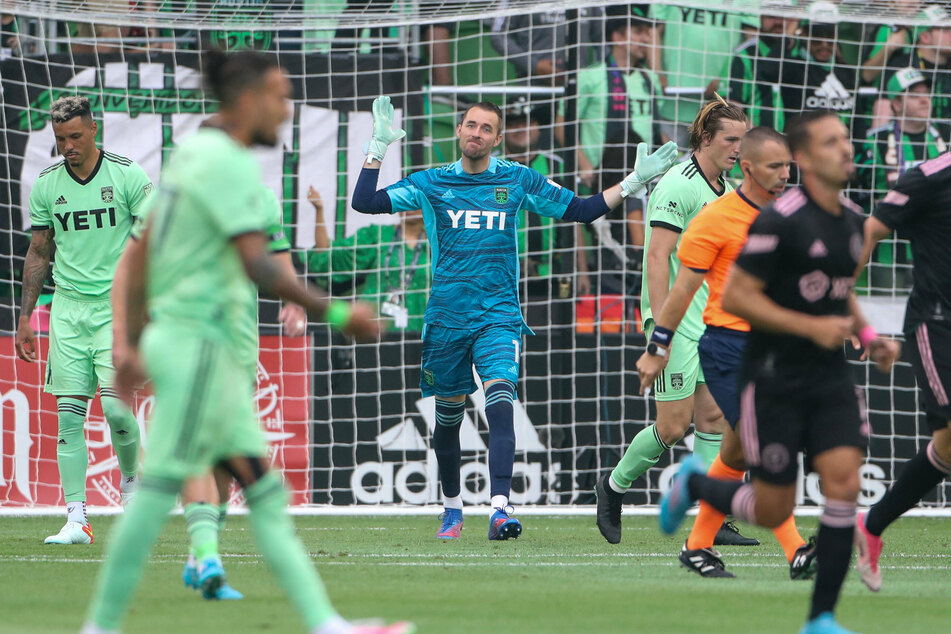 Austin FC goalkeeper Brad Stuver cheers his teammates on during a match against Inter Miami CF at Q2 Stadium on Sunday.