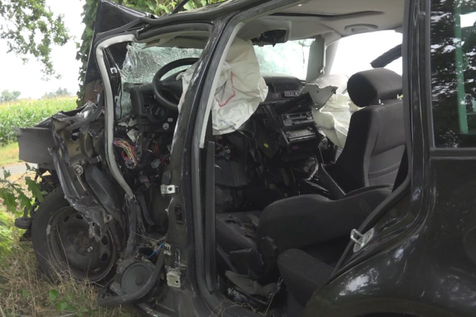 Der VW wurde durch die Kollision mit dem Baum völlig zerstört. Für den Fahrer kam jede Hilfe zu spät.