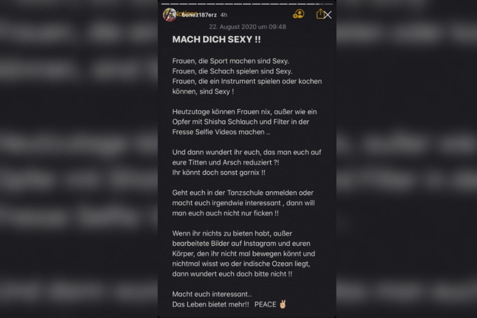 In seiner Instagram-Story verbreitete Bonez MC seine sexistischen Sätze.