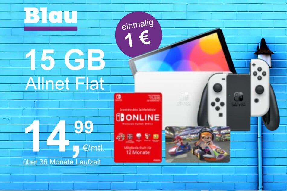 Die Nintendo Switch OLED + Mario Kart 8 im Blau Allnet S inkl. 15 GB für einmalig nur 1 Euro.
