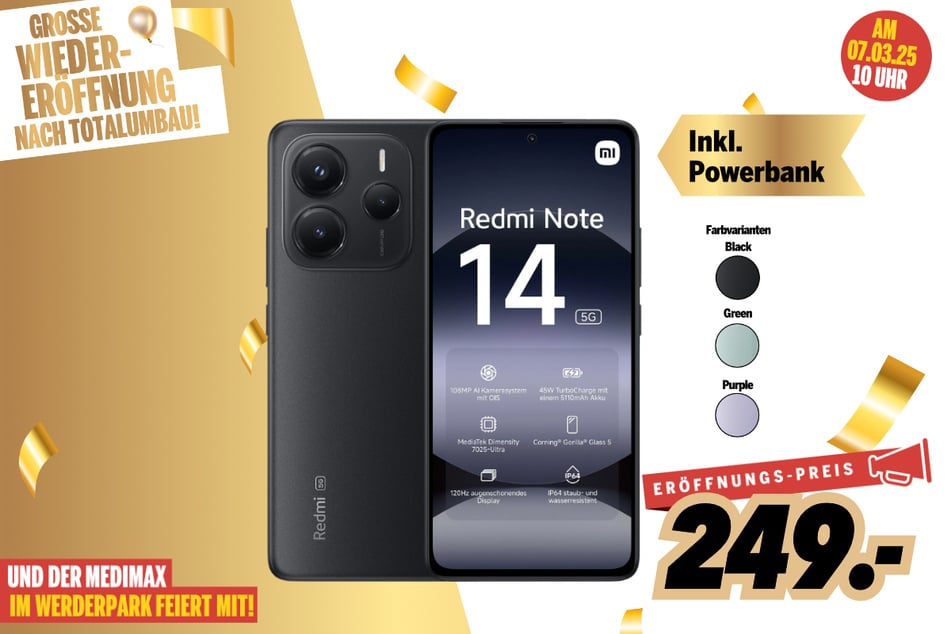 Xiaomi Redmi Note 14 für 249 Euro.