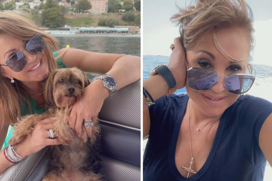 Carmen Geiss (57) lässt mit ihrem Hund "Maddox" auf einer gemeinsamen Bootstour die Seele baumeln.