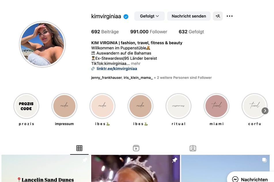 Kim Virginia hat aktuell keine Millionen-Followerschaft mehr, wie man auf ihrem Instagram-Profil sehen kann.