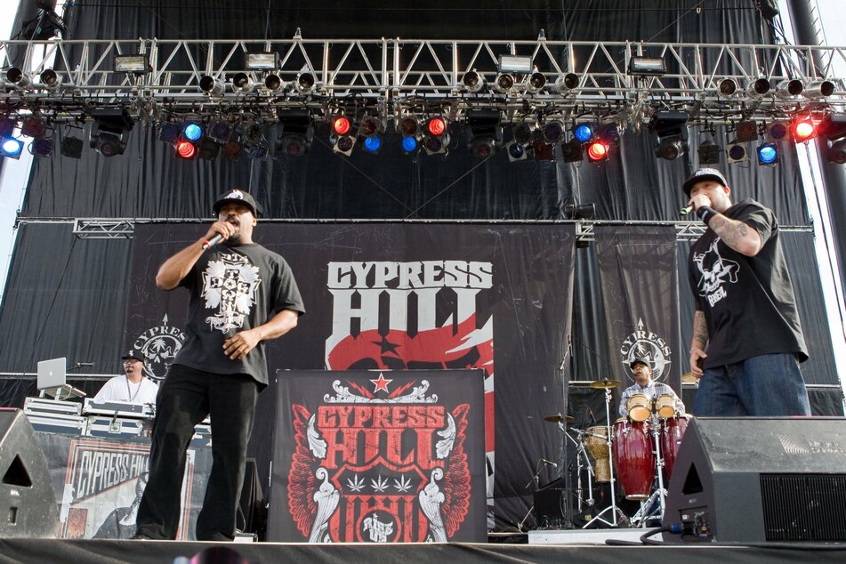 (From l. to r.) DJ Muggs, Sen Dog, Eric Bobo and B-REAL of Cypress Hill performing at the Mile High Music Festival, August 2010.