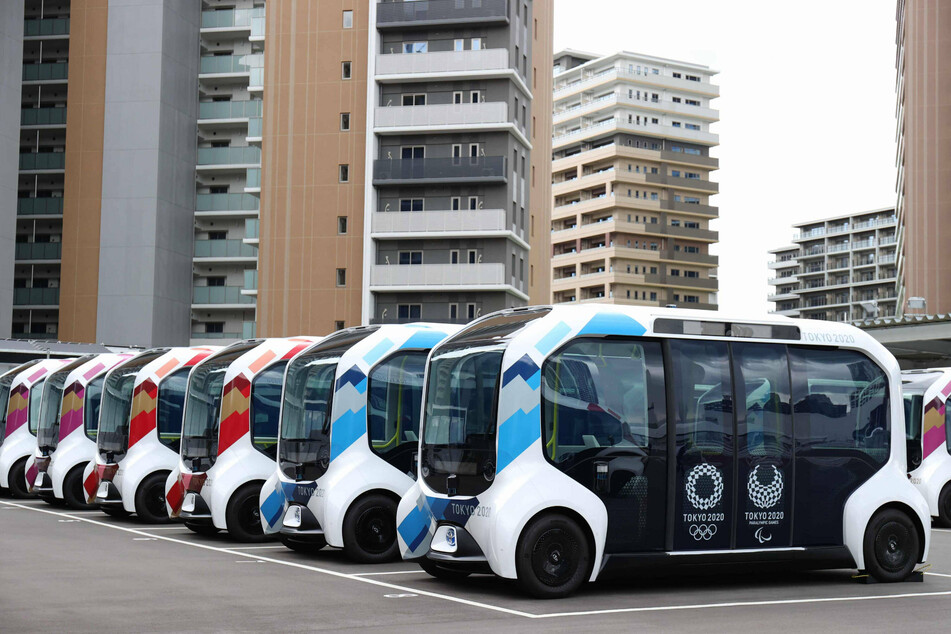 The Toyota electric self-driving e-Palette vehicle, parked at the Olympic Village in Tokyo.