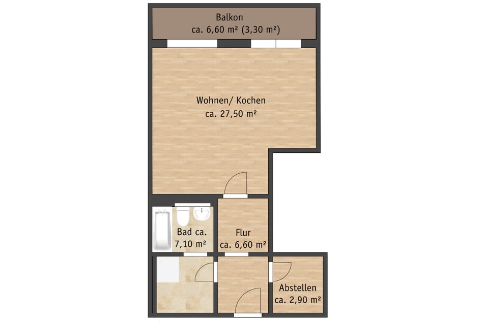 Tolle 1-Raum-Wohnung für Singles mit offener Küche, Badewanne, Dusche und Abstellraum