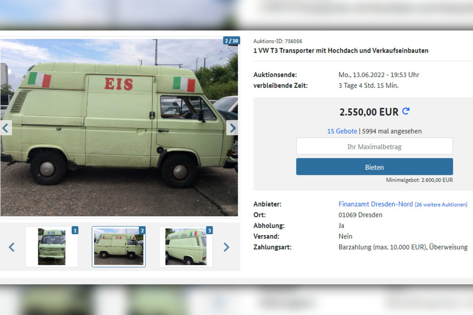 Sogar ein Eiswagen VW T3 mit Hochdach, Kühltruhe und Verkaufseinrichtung steht zum Verkauf.
