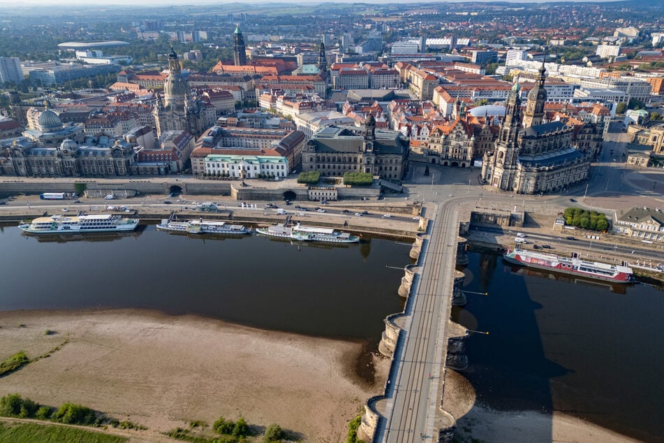 Auch in diesem Jahr zeigt sich aufgrund der Dürre das ausgetrocknete Elbufer in Dresden.