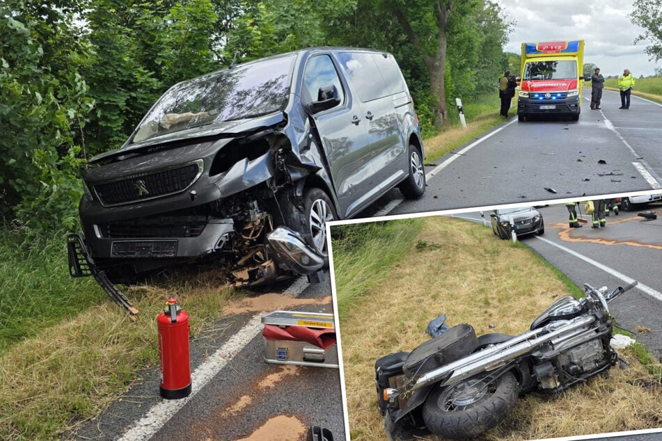 Vollsperrung auf sächsischer Landstraße: Motorrad und Transporter stoßen zusammen
