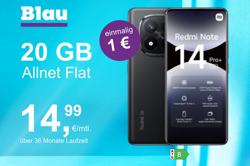 Das Xiaomi Redmi Note 14 Pro Plus im Blau Allnet M für einmalig 1 Euro.
