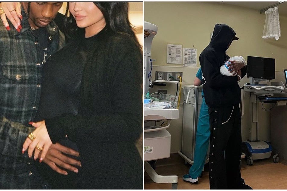 Following the release of her video, Kylie also shared a few snaps from her pregnancy journey, including one where Travis Scott (r.) is holding their new son.