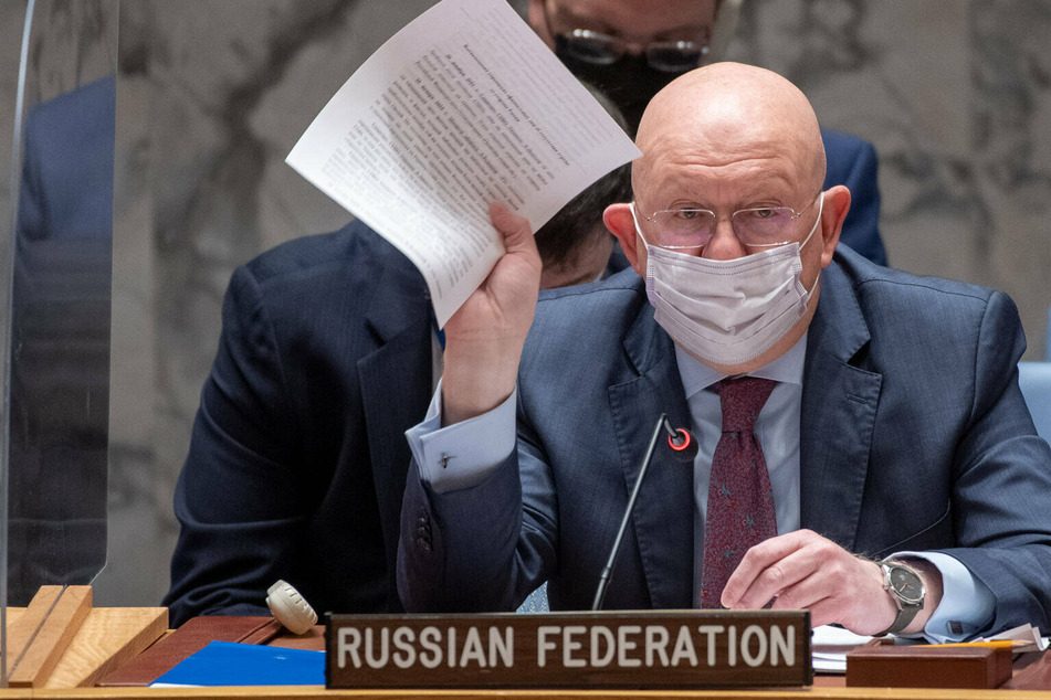 Russia's UN ambassador Vassily Nebenzia speaks at a Security Council meeting on Ukraine at UN Headquarters in New York.