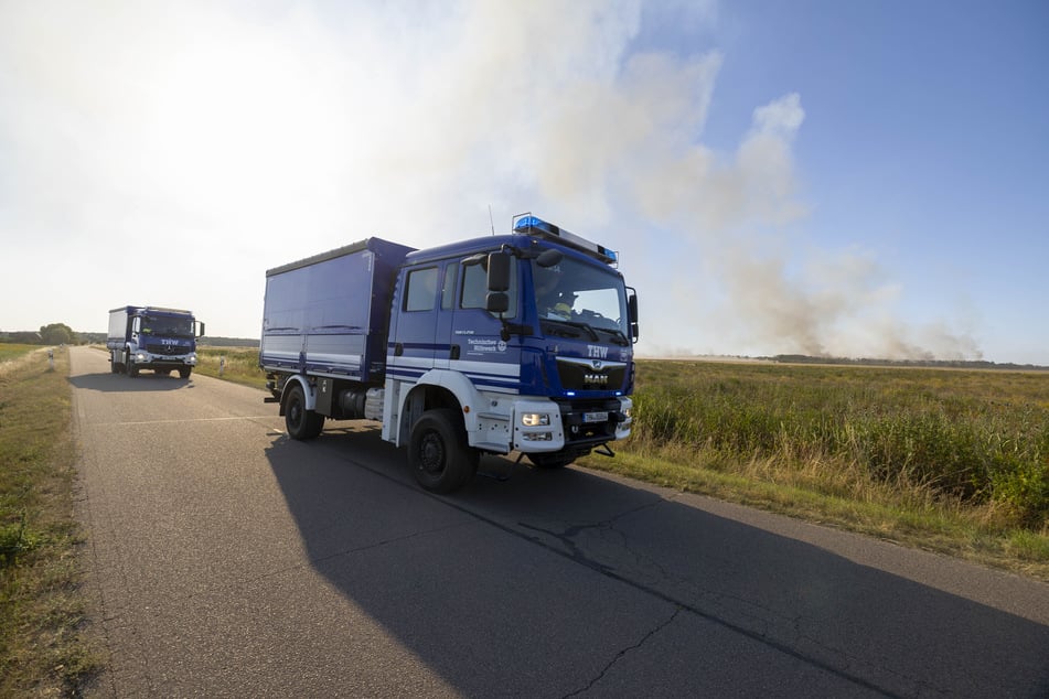 Das THW (Technisches Hilfswerk) unterstützt die Feuerwehr im Brandgebiet der bekannten Gohrischheide zwischen dem sächsischen Ort Zeithain und dem brandenburgischen Herzberg. (Archivfoto)
