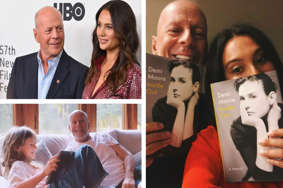 Bruce Willis' wife Emma Heming-Willis (r.) has released snaps of the actor amid his health struggles, including family videos (l.) and a new selfie (r.) supporting his ex-wife Demi Moore.