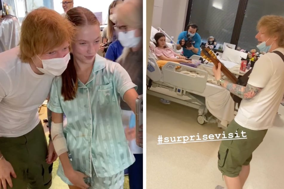 Bei seinem Überraschungsbesuch in zwei Kinderkrankenhäusern hat Ed Sheeran (32) für Begeisterung gesorgt. Eine Patientin (r.) durfte sogar ein Duett mit ihm singen.