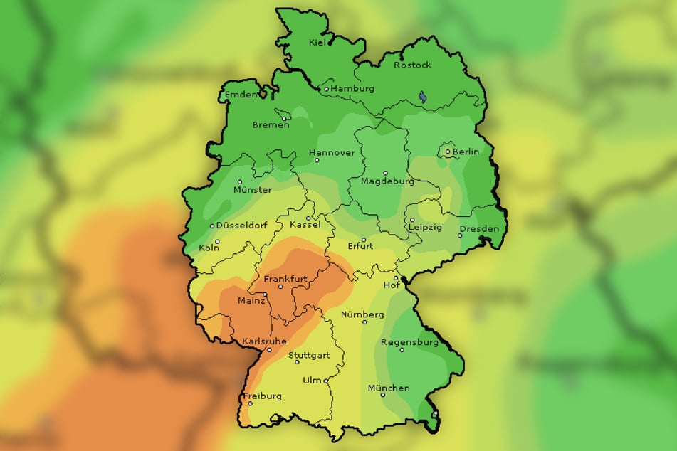 Die Farbkarte von wetteronline.de zeigt: Das Risiko für Blitz und Donner steigt.