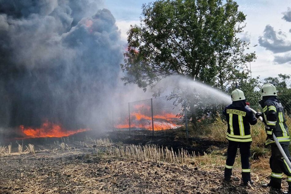 Die Feuerwehr löschte den bei einem Baustoffhersteller in Brück (Landkreis Potsdam-Mittelmark) ausgebrochenen Brand.