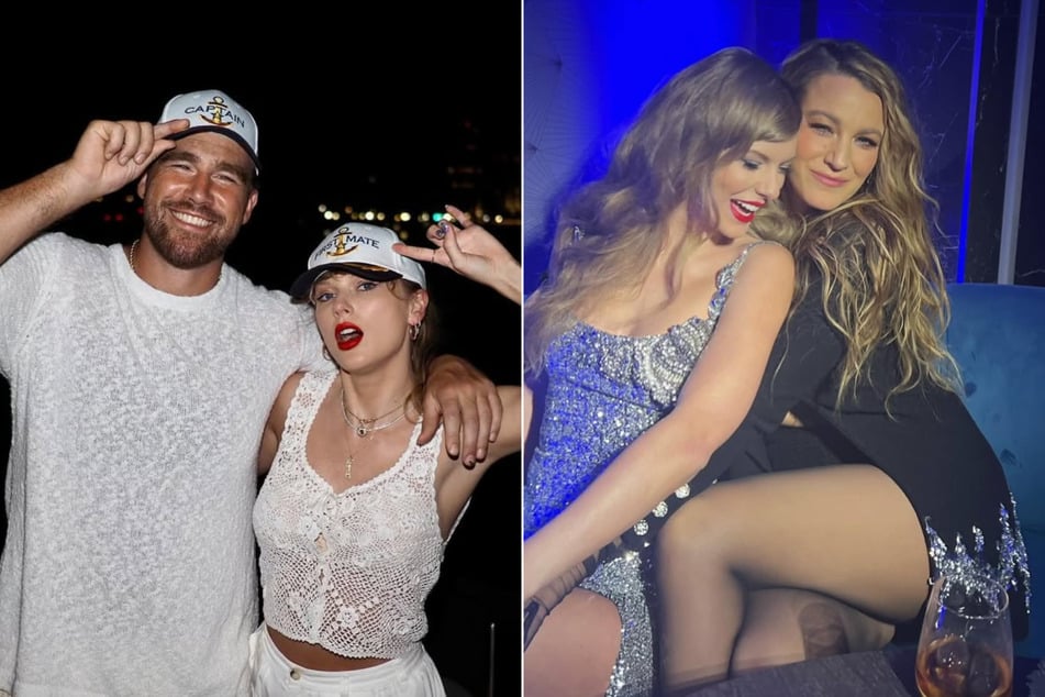 Travis Kelce (l.) may have squashed those rumors of a falling out between Blake Lively (r.) and Taylor Swift with his newest podcast episode.
