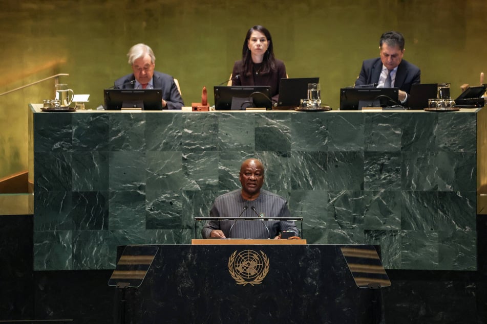 President of Ghana John Dramani Mahama speaks in the UN General Assembly on March 25, 2026, before passage of a resolution declaring the trafficking and enslavement of African people "the gravest crime against humanity."