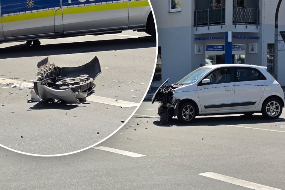 Unfall in Chemnitz: Front von Renault fliegt ab