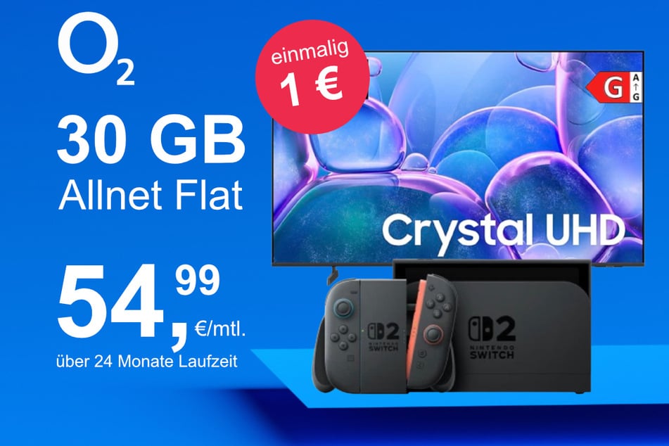 Die Nintendo Switch 2 plus Samsung 50-Zoll Crystal UHD im o2 Mobile M inkl. 30 GB+ für einmalig nur 1 Euro.