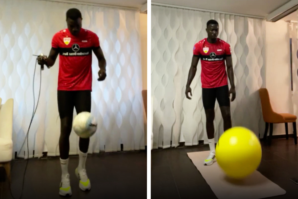 VfB-Phänomen Silas Katompa Mvumpa (22) bereitet sich bei einem Workout auf sein Comeback in der Bundesliga nach seinem Kreuzbandriss vor. (Fotomontage)