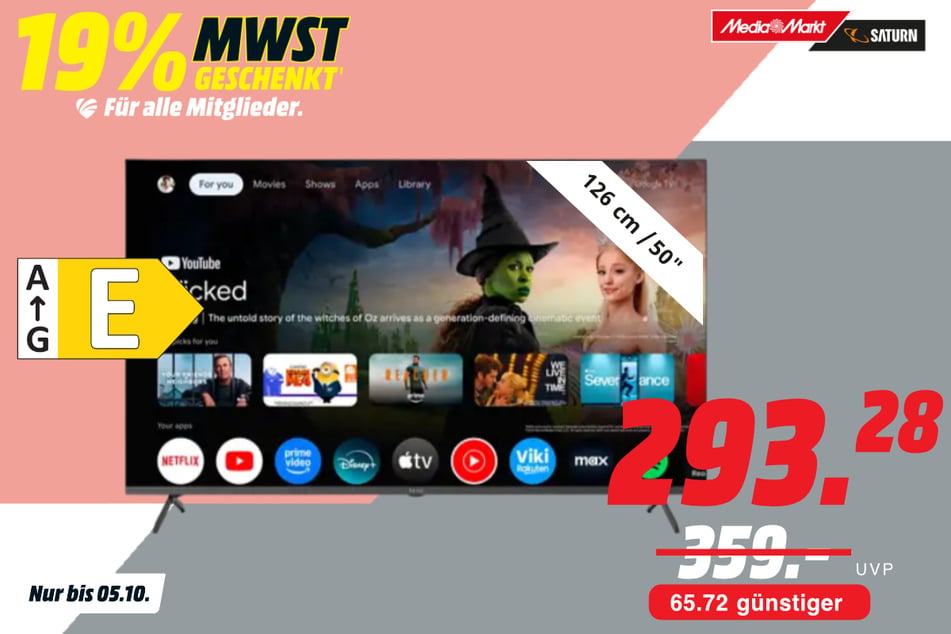 50-Zoll Peaq-Fernseher PTV 50GQU-5026C für 293,28 statt 359 Euro.