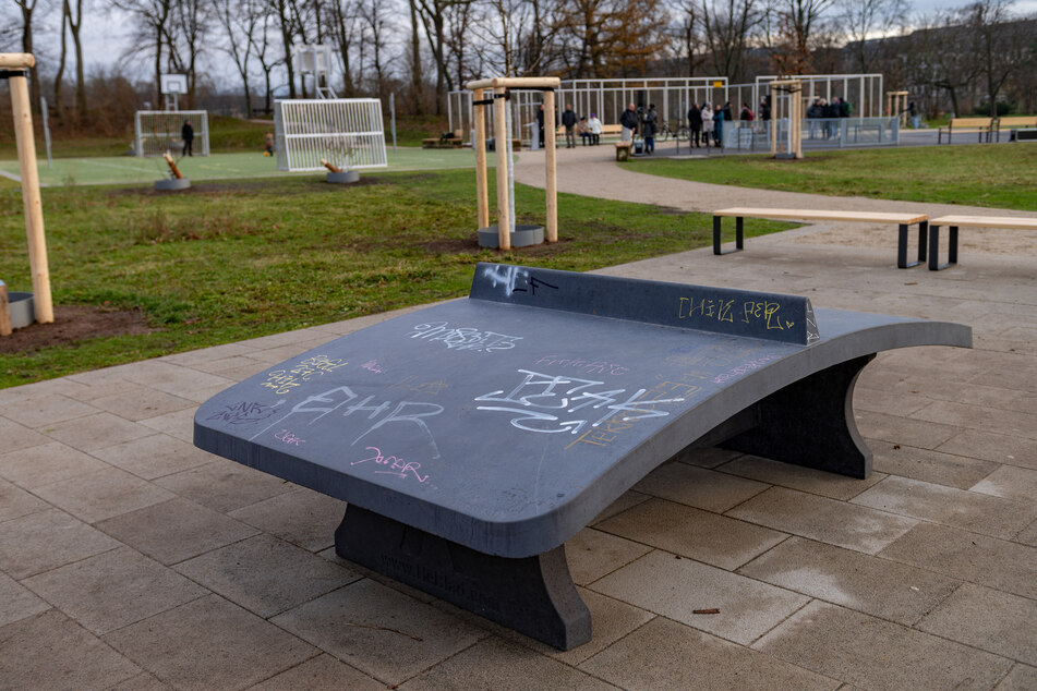 Das weckt Neugier: Was wie eine verbogene Tischtennis-Platte aussieht, ist für "Teqball" (wird mit einem Fußball gespielt) gedacht.