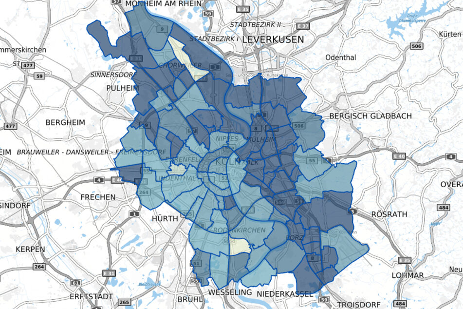 Eine von der Stadt Köln veröffentlichte Karte zeigt, wie die Corona-Fallzahlen je Stadtteil ausfallen.