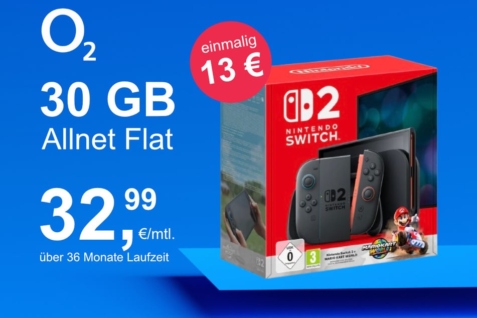 Die Nintendo Switch 2 plus Mario Kart World im o2 Mobile M inkl. 30 GB+ für einmalig nur 13 Euro.