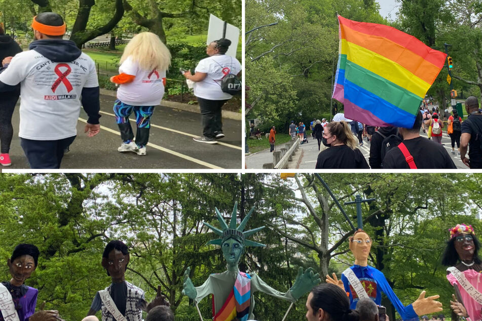 Participants carried rainbow flags (top r.) and created shirts in honor of loved ones lost (top l.), while giant puppets of gay rights activists danced along with the crowd (bottom).