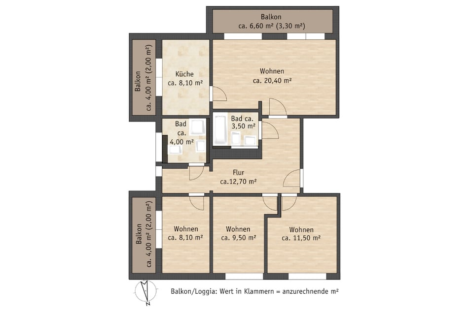 Geräumige 4-Raum-Wohnung mit zwei Bädern und drei Balkonen für Familien.