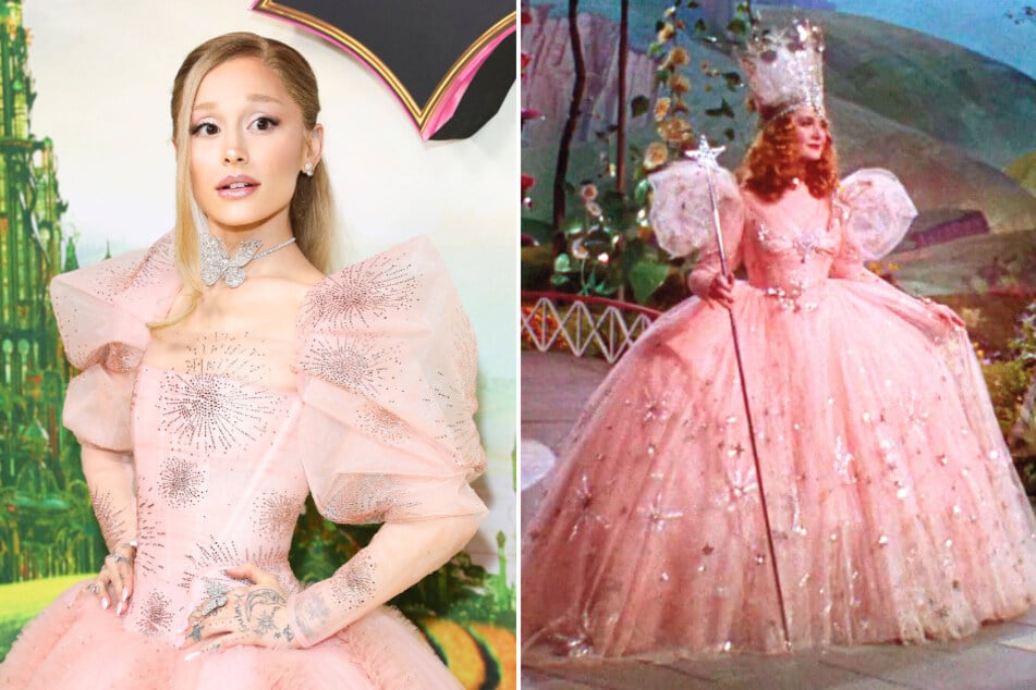 Ariana Grande's (l.) Wicked press tour looks have seamlessly blended elements from past Glinda portrayals in history.