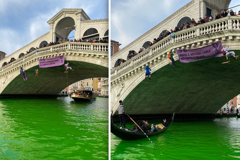 Großes Spektakel an Venedigs Canal Grande: Klima-Aktivisten von Extinction Rebellion färbten das Wasser grün.