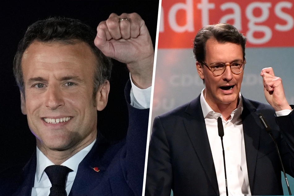 NRW-Ministerpräsident Hendrik Wüst (46, CDU, r.) ist erleichtert, dass Emmanuel Macron (44) erneut zum französischen Präsidenten gewählt wurde.