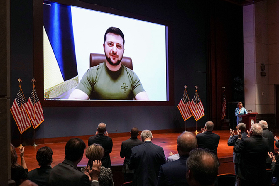 Ukrainian President Volodymyr Zelensky delivers a virtual address to members of the US Congress on Wednesday.