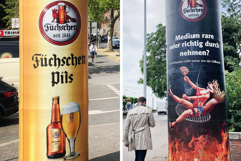 Die Kombo zeigt ein neues Werbeplakat einer Düsseldorfer Hausbrauerei (links, vom 13.07.2019) und das in die Kritik geratene vorherige (Archivbild).