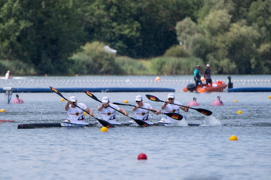 Mit den Bedingungen kam der deutsche Vierer um Tom Liebscher-Lucz (32, r.) auf dem Beetzsee am besten klar.