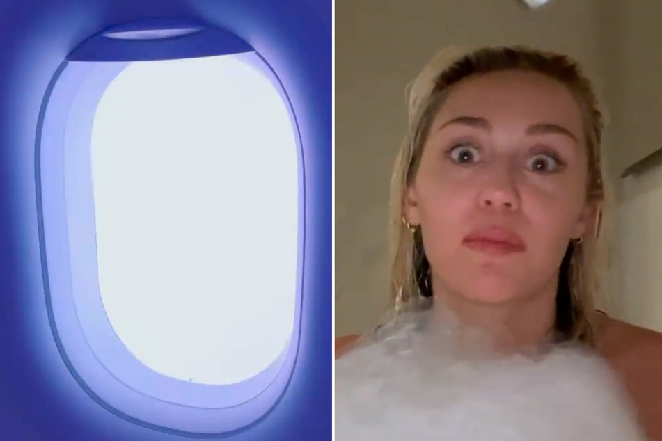 Miley Cyrus captured the moment her plane was struck by lighting on video (l.).