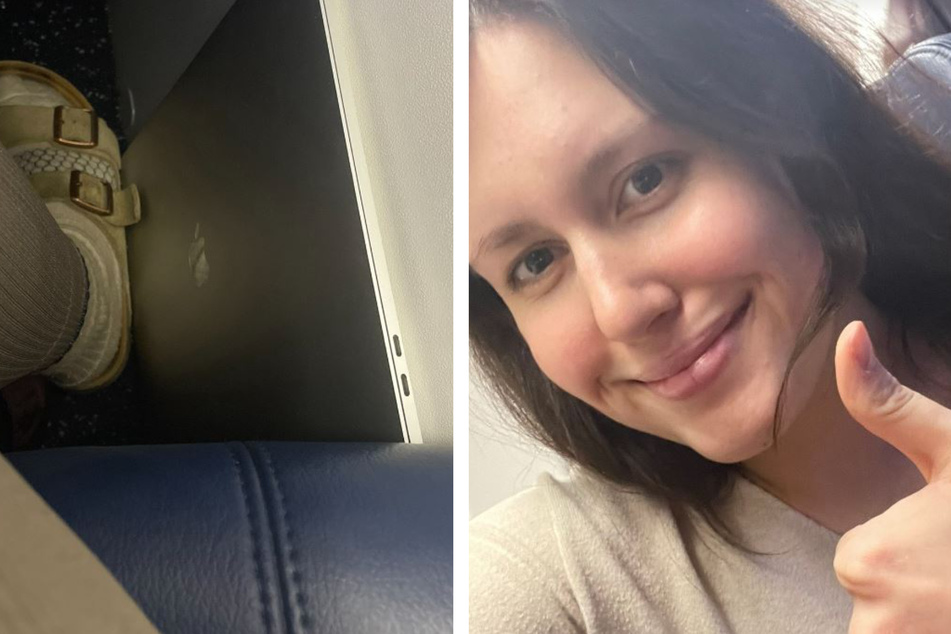 Rechts neben ihrem Fuß stand das Macbook an der Innenwand des Flugezeugs. Natalie Olsen (25) hatte allerdings ziemlich schnell eine Idee.