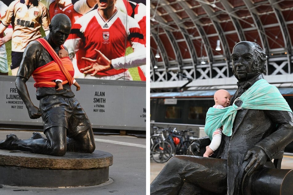 In ganz London banden die Aktivisten Baby-Puppen an die Statuen berühmter männlicher Persönlichkeiten.