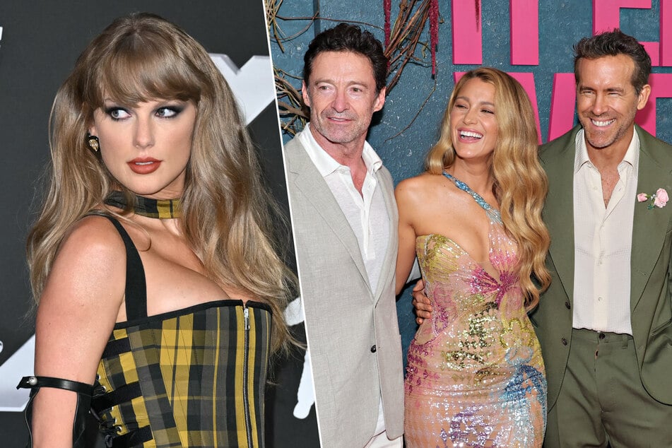 Taylor Swift (l.) and actor Hugh Jackman (second from l.) are both close friends of Blake Lively and Ryan Reynolds (r.).
