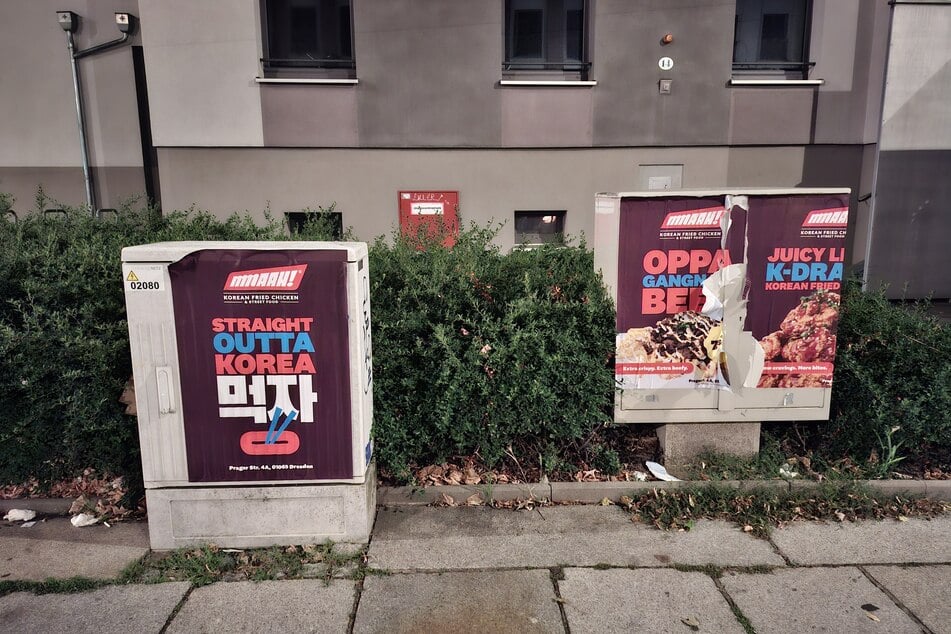 An der Hertha-Lindner-Straße wirbt "Mmaah!" unerlaubt für sein neues Fast-Food-Restaurant in Dresden.