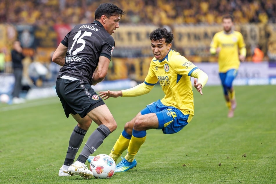 Beim 1:2 in Braunschweig am 33. Spieltag trug Claudio Kammerknecht (26, l.) das letzte Mal das Dynamo-Trikot.